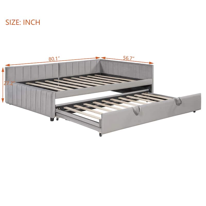 L-Shaped Upholstered Daybed with Pop-up Trundle, Extendable Platform Bed Frame with Wooden Slats Support, Full to King Design