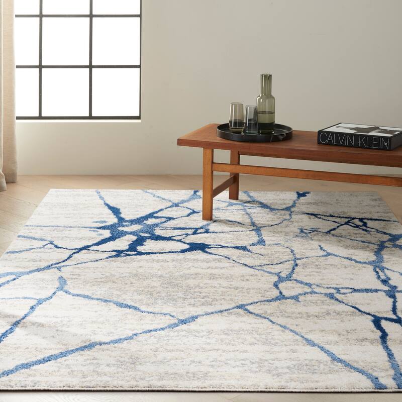 Calvin Klein River Flow Contemporary Abstract Ivory Blue Area Rug