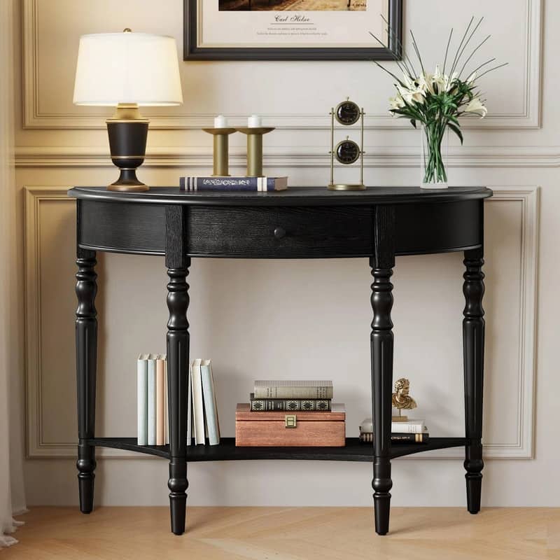 Farmhouse Half Moon Console Table with Drawer and Shelf for Entryway and Living Room Decor - Black