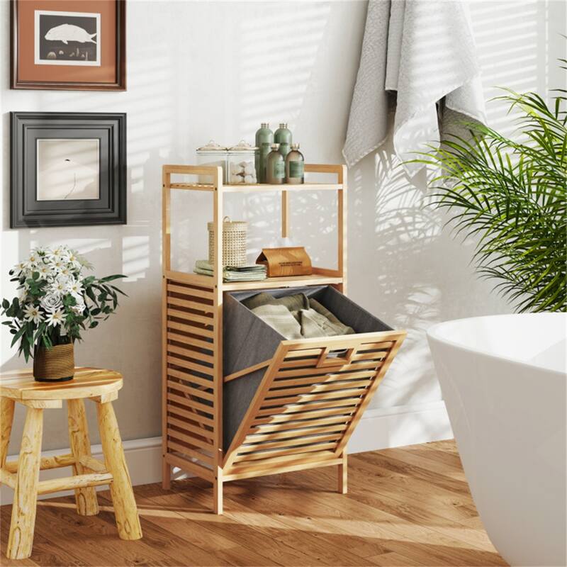 Wicker Tilt-Out Laundry Hamper with Shelves Removable Basket & Storage Natural and Gray - 18" × 13" × 38"