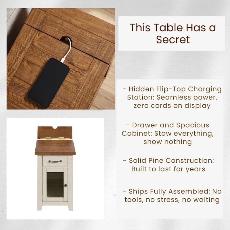 Rustic Solid Wood Chairside End Table with Hidden Charging Station