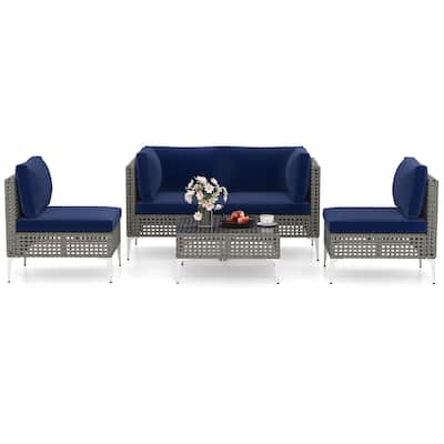 5-Piece Outdoor Patio Sofa Set with Navy Cushions and PE Rattan Sectional and Glass Coffee Table - 26" x 24" x 26"