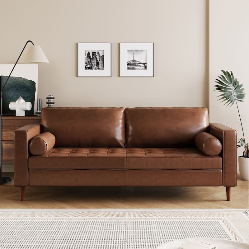 Mid-Century Modern PU Leather 3-Seat Sofa, Tufted Design, Solid Wood Legs, 2 Bolster Pillows, Comfortable sofa - Light Brown