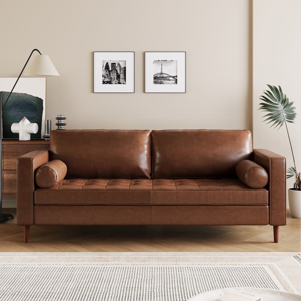 Mid-Century Modern PU Leather 3-Seat Sofa, Tufted Design, Solid Wood Legs, 2 Bolster Pillows, Comfortable sofa
