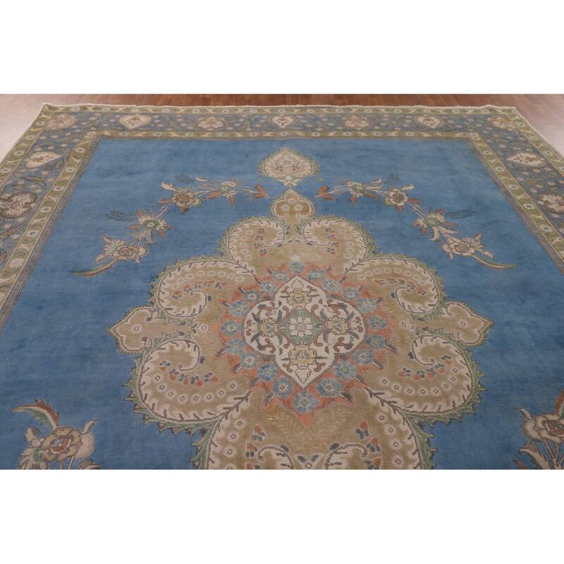 Over-Dyed Blue Tabriz Persian Vintage Rug Handmade Wool Carpet - 9'10"x 13'0"