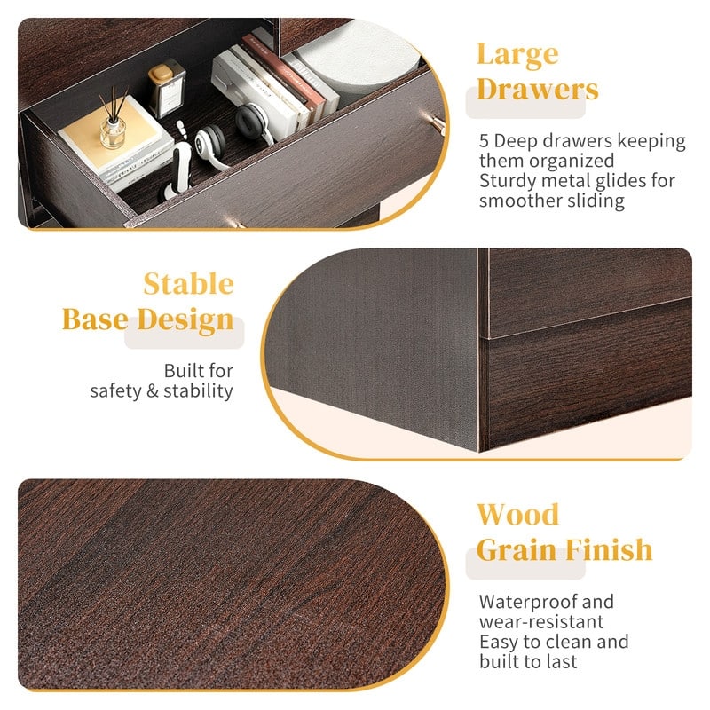 5-Drawer Dresser For Bedroom And Chest Of Drawers With Sturdy Construction Wood Storage Organizer For Closet