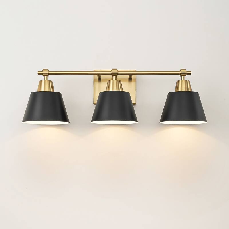 3-Light Vintage Industrial Black & Gold Metal Linear Cone Bathroom Vanity Light - 24.61 in. W x 7.68 in. H x 7.09 in. D