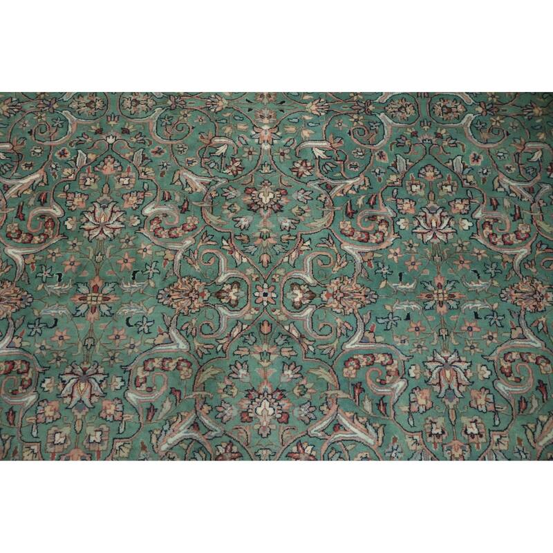 Hand Knotted Oriental 100% Wool Carpet Traditional All-Over Green Kashan Area Rug - 9' 11'' X 8' 1''