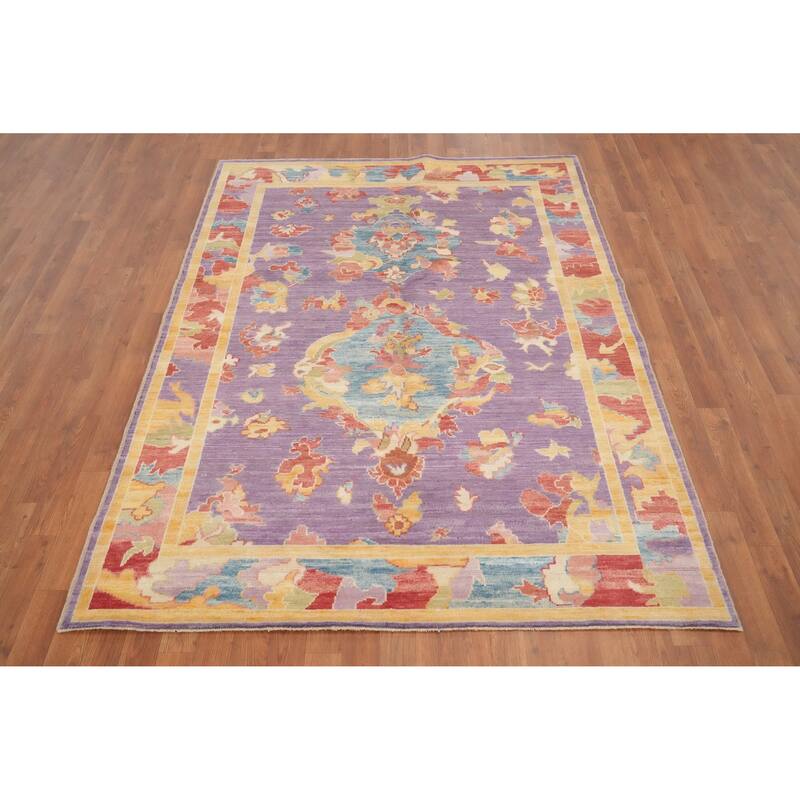 Hand Knotted Oriental 100% Wool Carpet Transitional Floral Purples Oushak Area Rug - 6' 8'' X 5' 1''