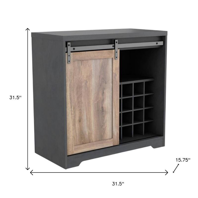HomeRoots 32" Charcoal And Natural Wood Barn Door Bar Cabinet