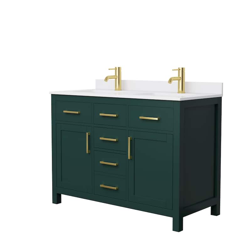 Beckett 48 Inch Double Vanity, Cultured Marble Top - Green, Gold Trim, White Cultured Marble Top