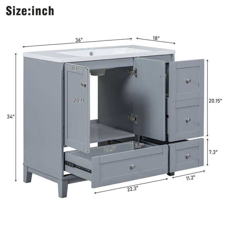 36" Modern Bathroom Vanity with USB Charging, 2Doors and 3Drawers Storage Vanity Cabinet, single sink, Faucets Not Included