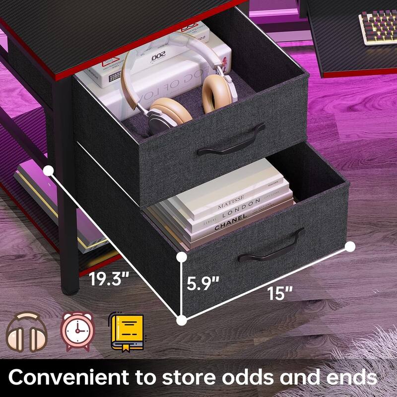 79" L Shape Gaming Desk Computer Desk 2 Fabric Drawers & LED Light