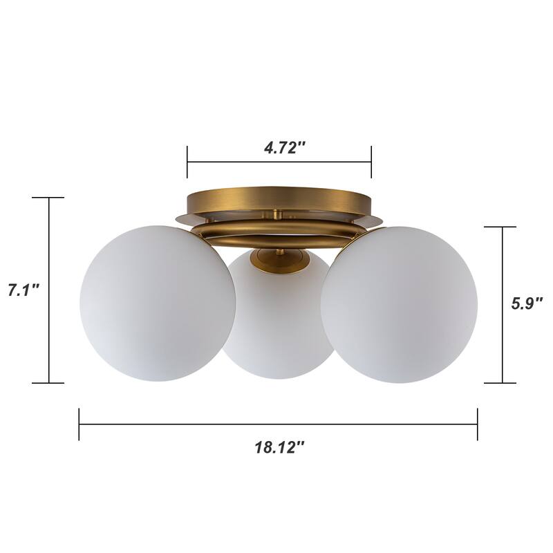 Modern 3-Light Flush Mount Ceiling Light with Opal Glass Globe Shades - Brass