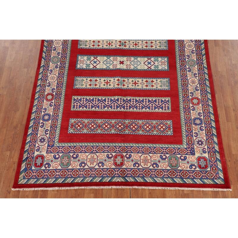 Red Geometric Kazak Oriental Area Rug Handmade Wool Carpet - 6'6" x 9'7"