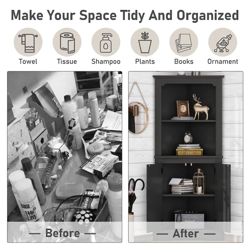 Corner Accent Cabinet with Barn Door & Open Shelves, Freestanding Corner Storage Cabinet