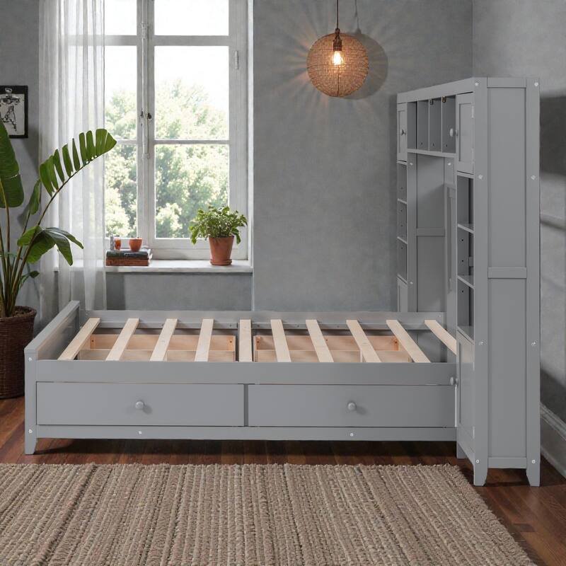 Full Size Wooden Platform Bed with Storage Drawers, All-in-One Cabinet and Shelf Headboard