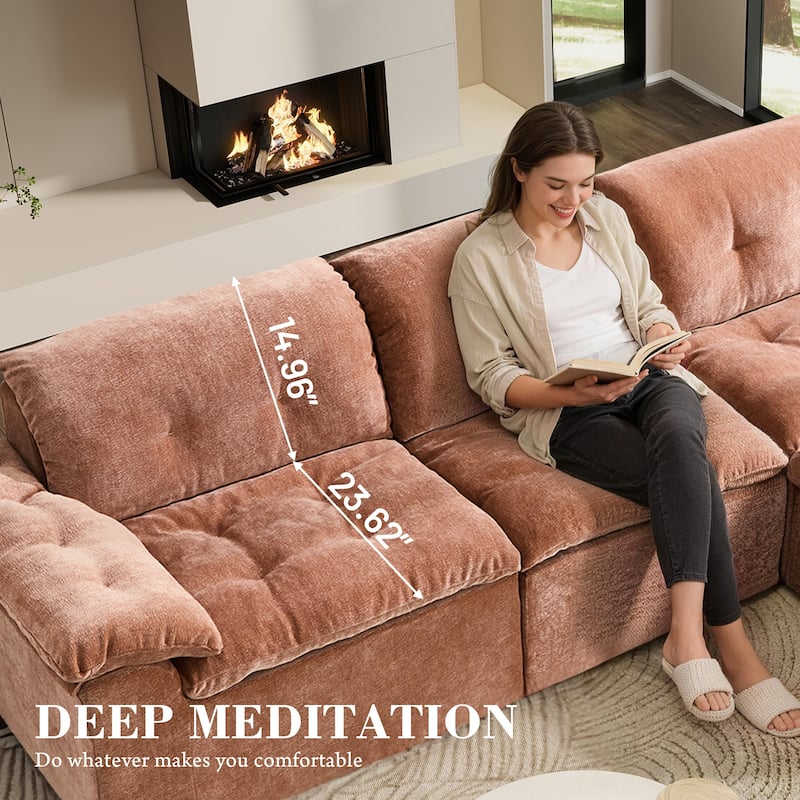 Rossetta L-Shaped Modular Chenille Cushioned Extreme Comfort Sofa with Detachable Backrest and Armrests, 1 Removable Ottoman