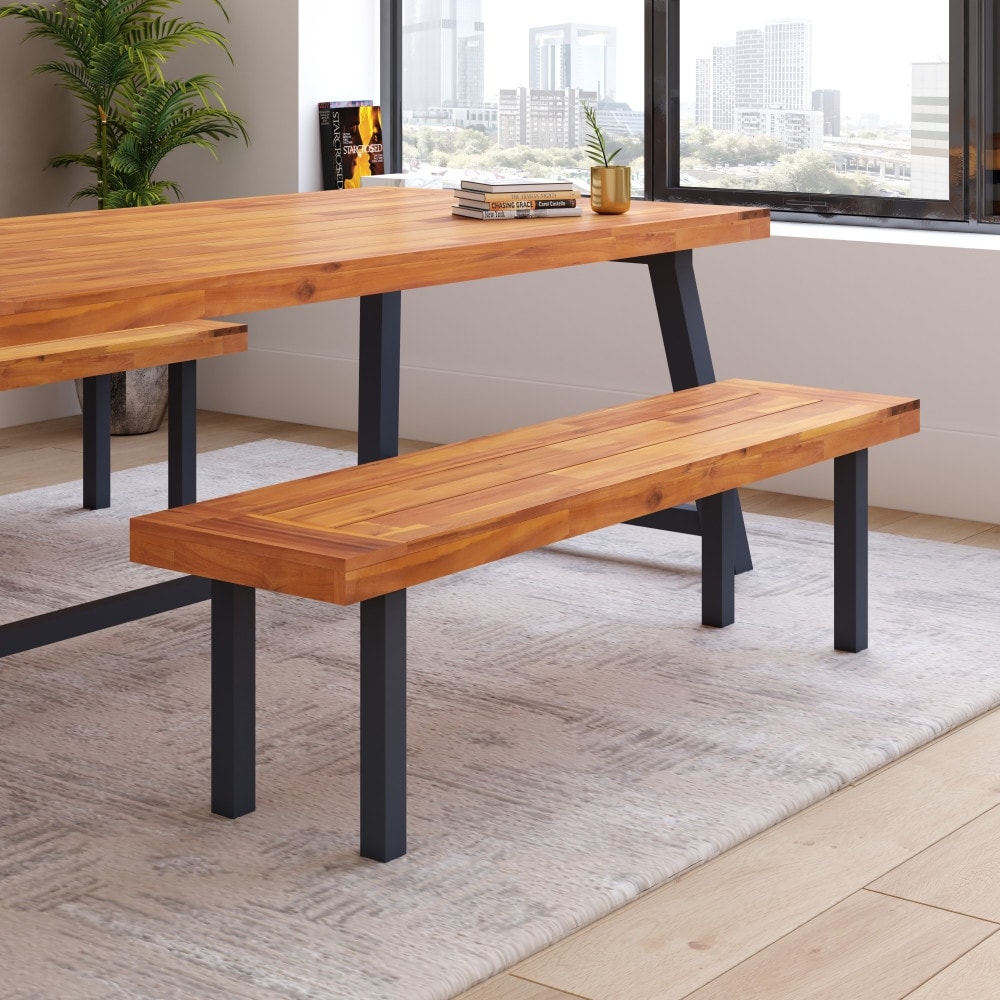 Indoor/Outdoor Solid Acacia Wood Slat Top Bench with Wood Legs