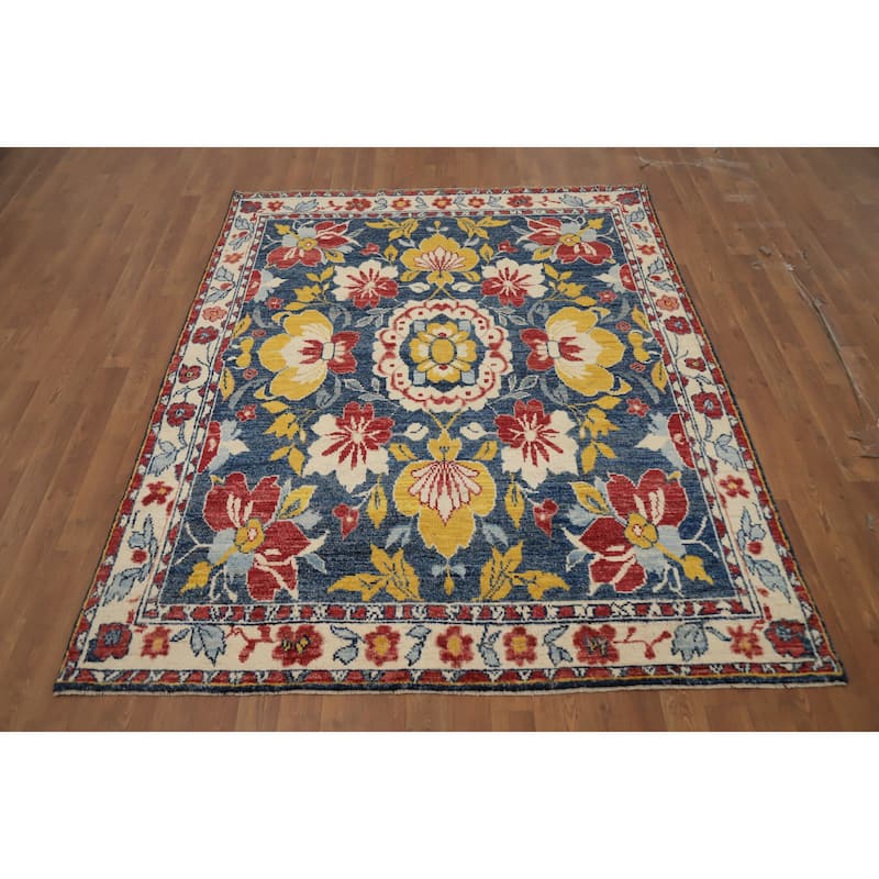 Hand Knotted Oriental 100% Wool Carpet Transitional Floral Navy Blue & Blues Oushak Area Rug - 6' 6'' X 5' 3''