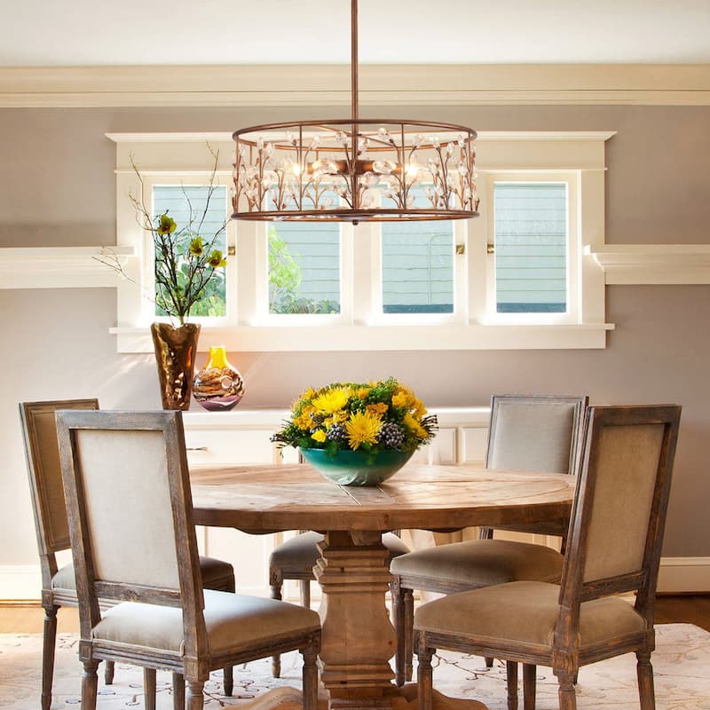 Rustic Antique Bronze Crystal Drum Chandelier for Dining Room - W23.62"
