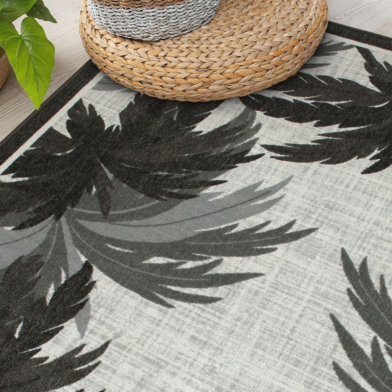 Tropical Floral Border Flatweave Indoor/Outdoor Area Rug