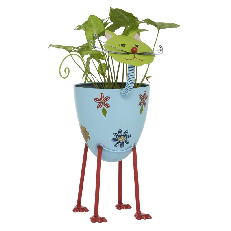 Metal Cat Indoor Outdoor Planter with Flower Pattern - Blue - Roche River Decor - Blue