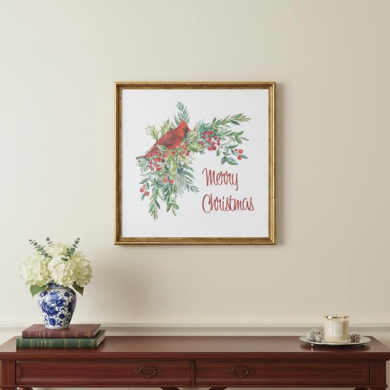 HomeRoots Merry Christmas Cardinal Gold Framed Wall Art - 16.00 in. x 16.00 in.  x 0.75 in.