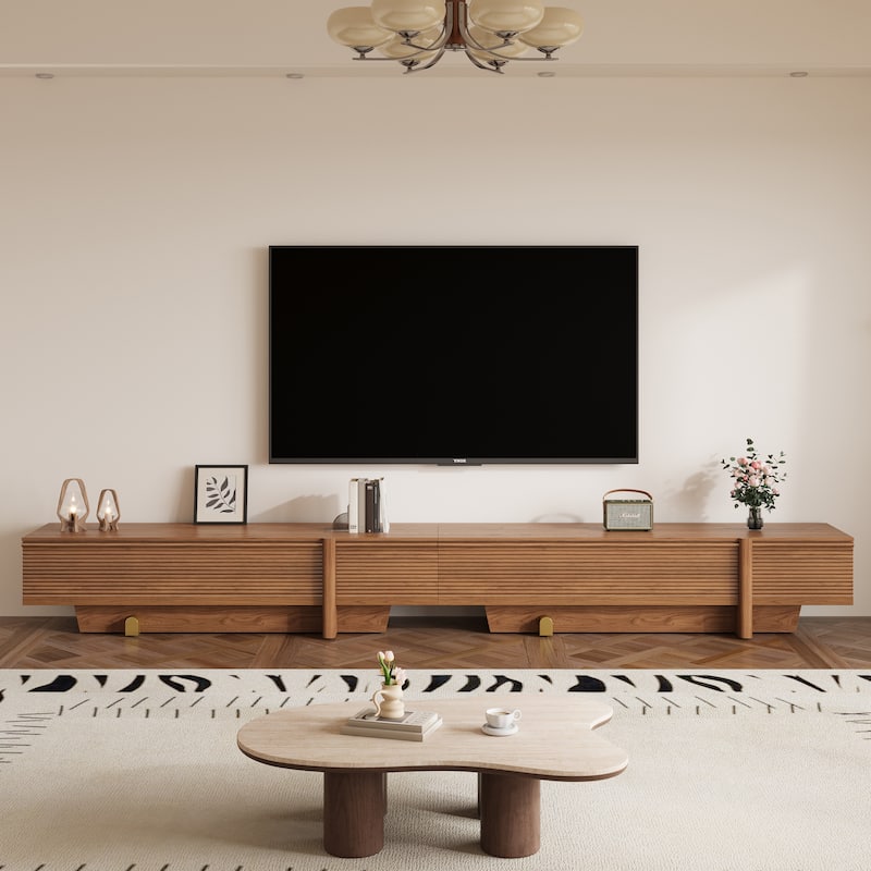 71" Modern Wooden TV Stand, Floor-Standing Media Console with Ribbed Storage and Gold Accents - Brown Wood
