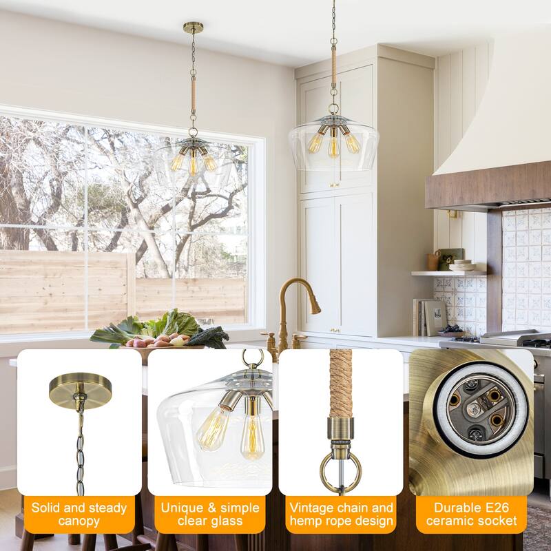 Modern 3-Light Clear Glass Pendant Chandelier for Kitchen Dining Room - Dia.18-in