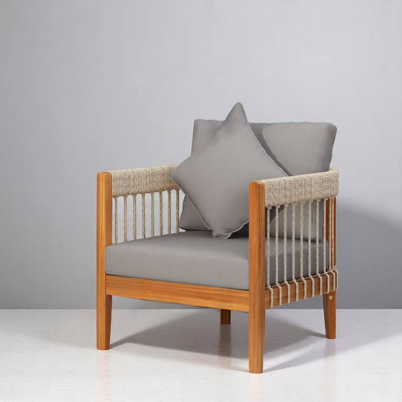 Outdoor Lounge Chair with Cushions, Acacia Wood Frame & Handwoven Rope, All-Weather Tub Chair with for Patio, Deck, or Garden