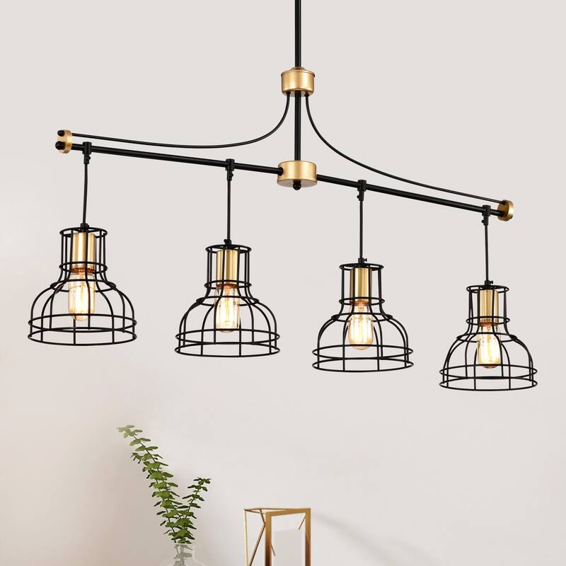 Farmhouse Linear Chandelier 4-Light Matte Black Ceiling Light Fixture with Metal Lampshade, for Dining Room, kitchen Island