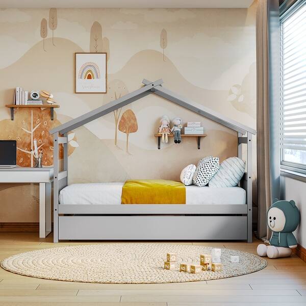 slide 2 of 11, Twin Size Wooden House Bed with Trundle Bed & Roof , Grey Grey - Twin