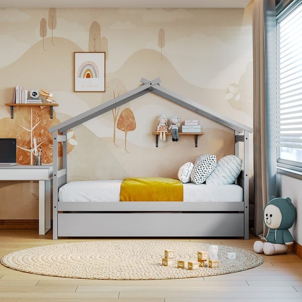 slide 2 of 91, Wooden House Bed Daybed with Twin Size Trundle & Sky Roof Grey - Twin