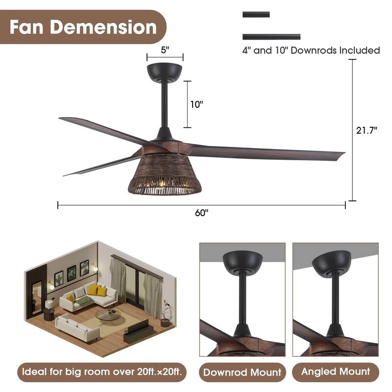 60" Natural Rattan Brown Ceiling Fan with Light Kit and Remote Control - 60 in. D x 60 in. W x 15.7 in. H
