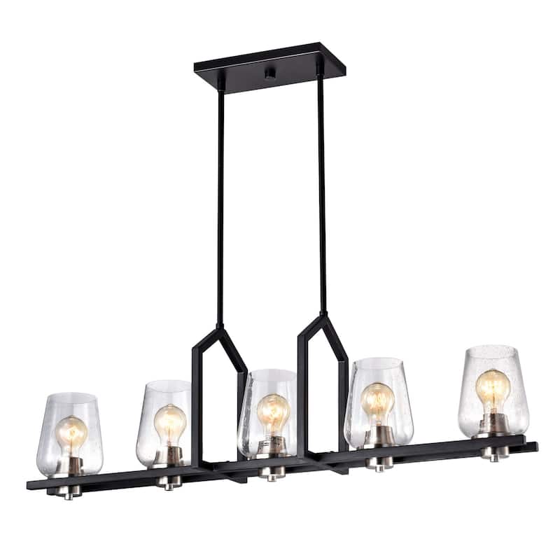 Black 5-Light Wrought Iron Linear Kitchen Island Lighting with Glass Shade