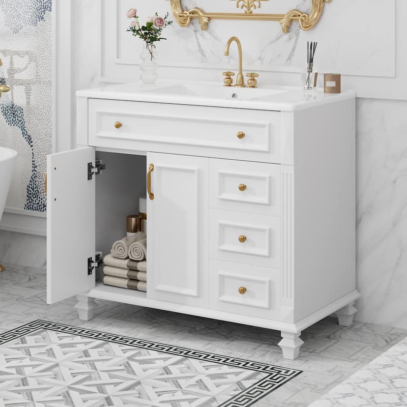 Roomfitters 36" Bathroom Vanity with Sink, Flip-Out Drawer, 3 Drawers, Soft-Close Doors, Solid Wood Cabinet