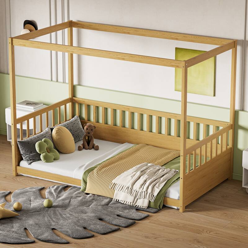 Twin Size Canopy Bed Frame with Guardrails for Kids, Montessori Floor Bed, Wooden Four Poster Design