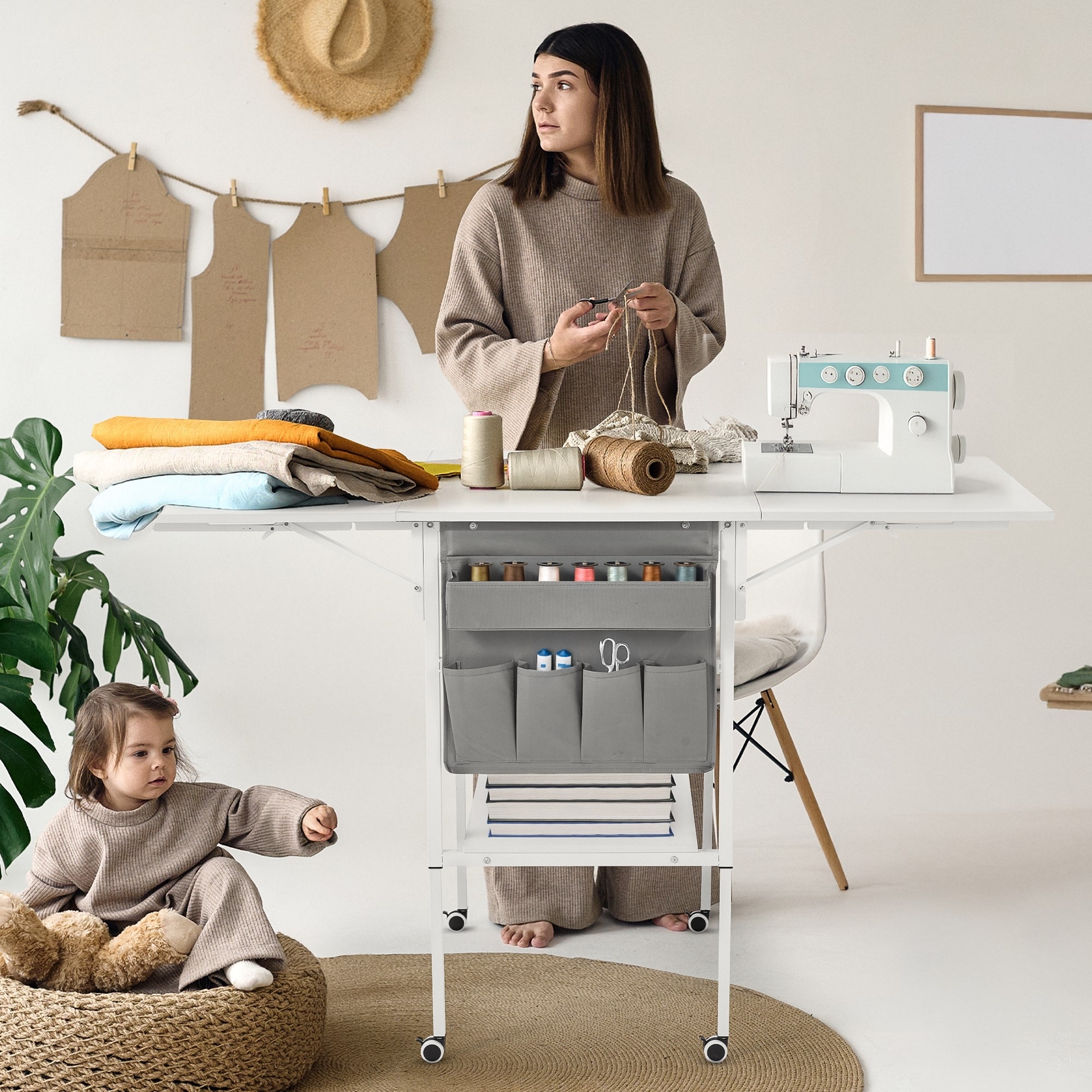 Craft Table with Storage Shelves, Mobile Folding Cutting Table for Home Office Sewing Room Craft Room