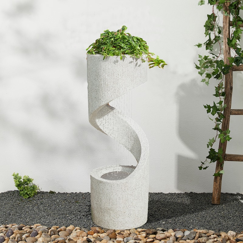 Glitzhome 40"H Modern Minimalist Spiral Oversized LED Polyresin Fountain with Planter - Off-White