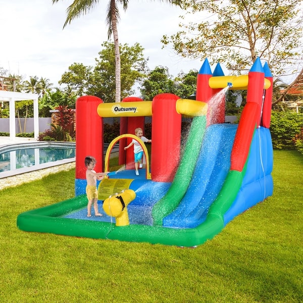 slide 1 of 10, Outsunny 6-in-1 Kids Inflatable Bounce House Jumping Castle with Slide, Water Pool, & Climbing Wall, Inflator Included Kids
