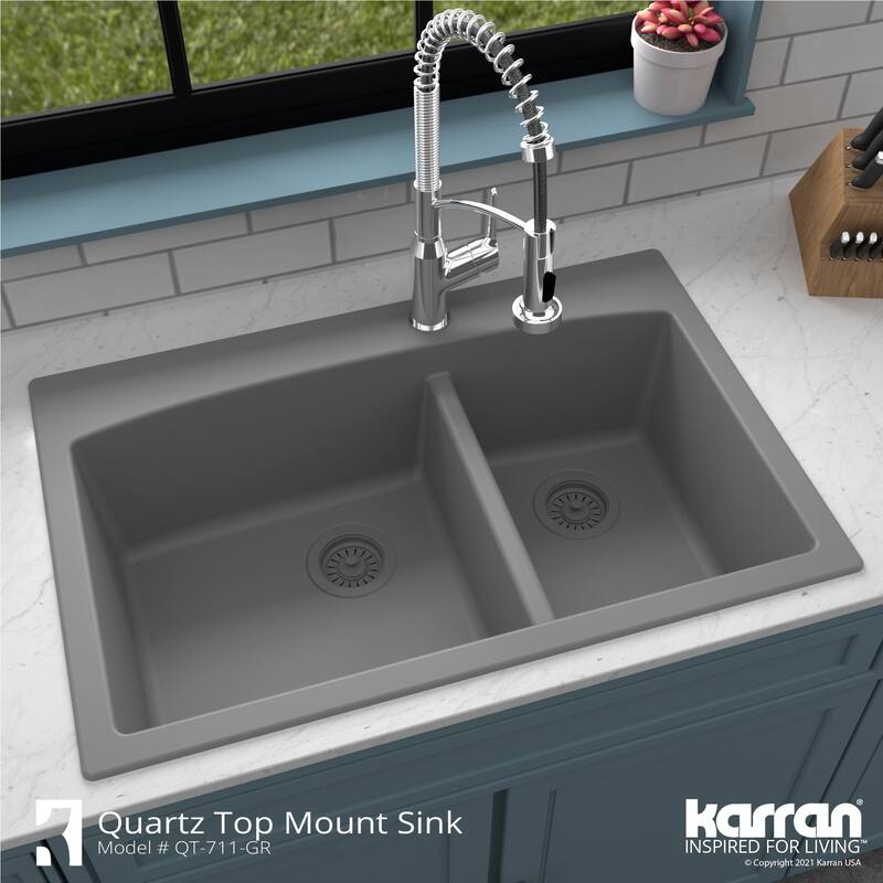 Karran Drop-In Quartz 33 in. 1-Hole 60/40 Double Bowl Kitchen Sink Kit