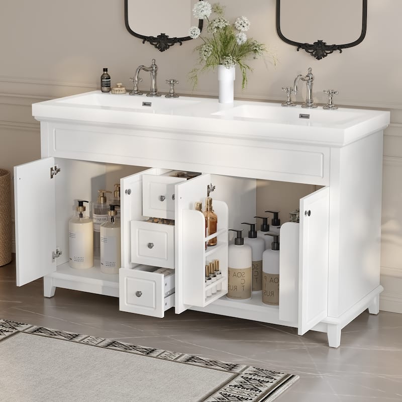 60" Bathroom Vanity-Classic-Wood Legs-Resin Double Sinks with Soft-Close Drawers & Doors.