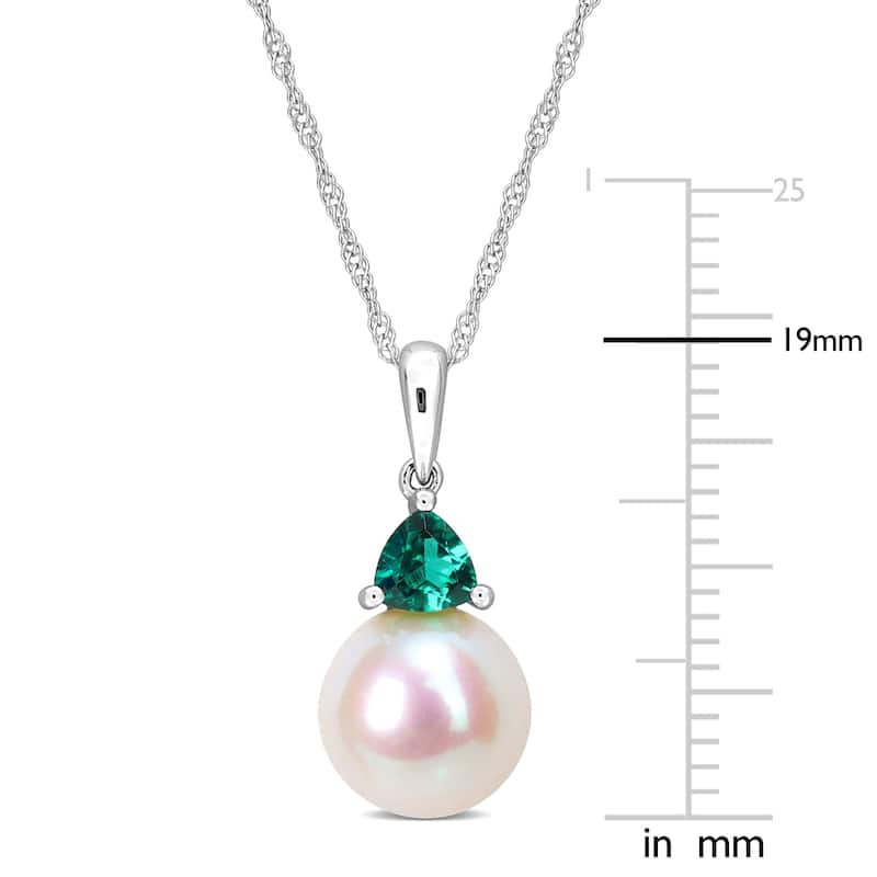 Miadora 8-8.5mm Cultured Freshwater Pearl and 1/5ct TGW Created Emerald Pendant with Chain in 10k White Gold - 19 mm x 8.4 mm