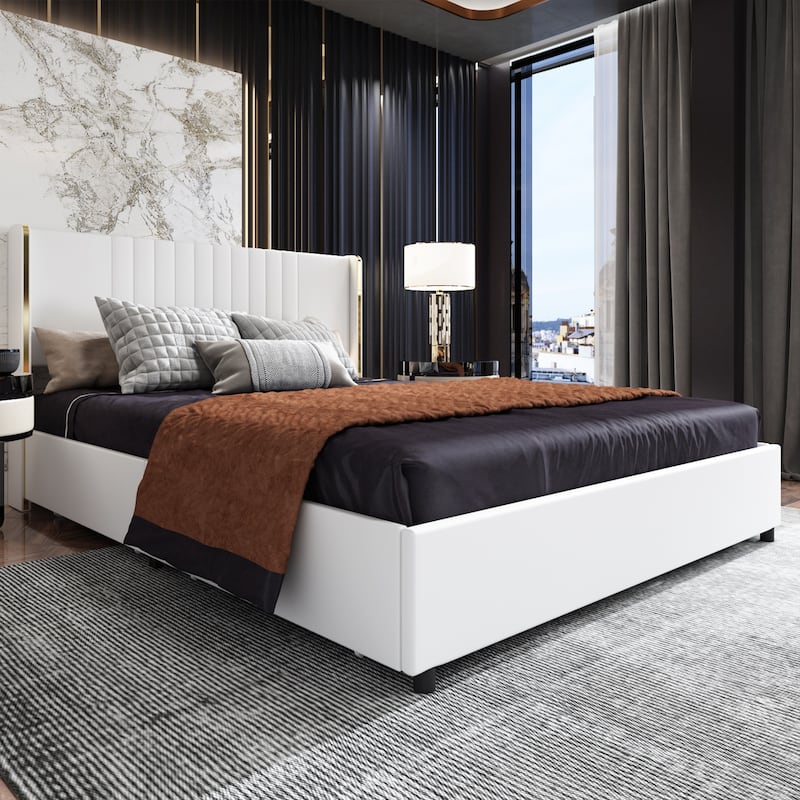 Upholstered Bed with LED Lighting and Storage - Bedroom Elegance