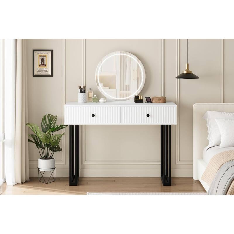 Modern Vanity Desk with Mirror and 3 Colors LED Lights - White