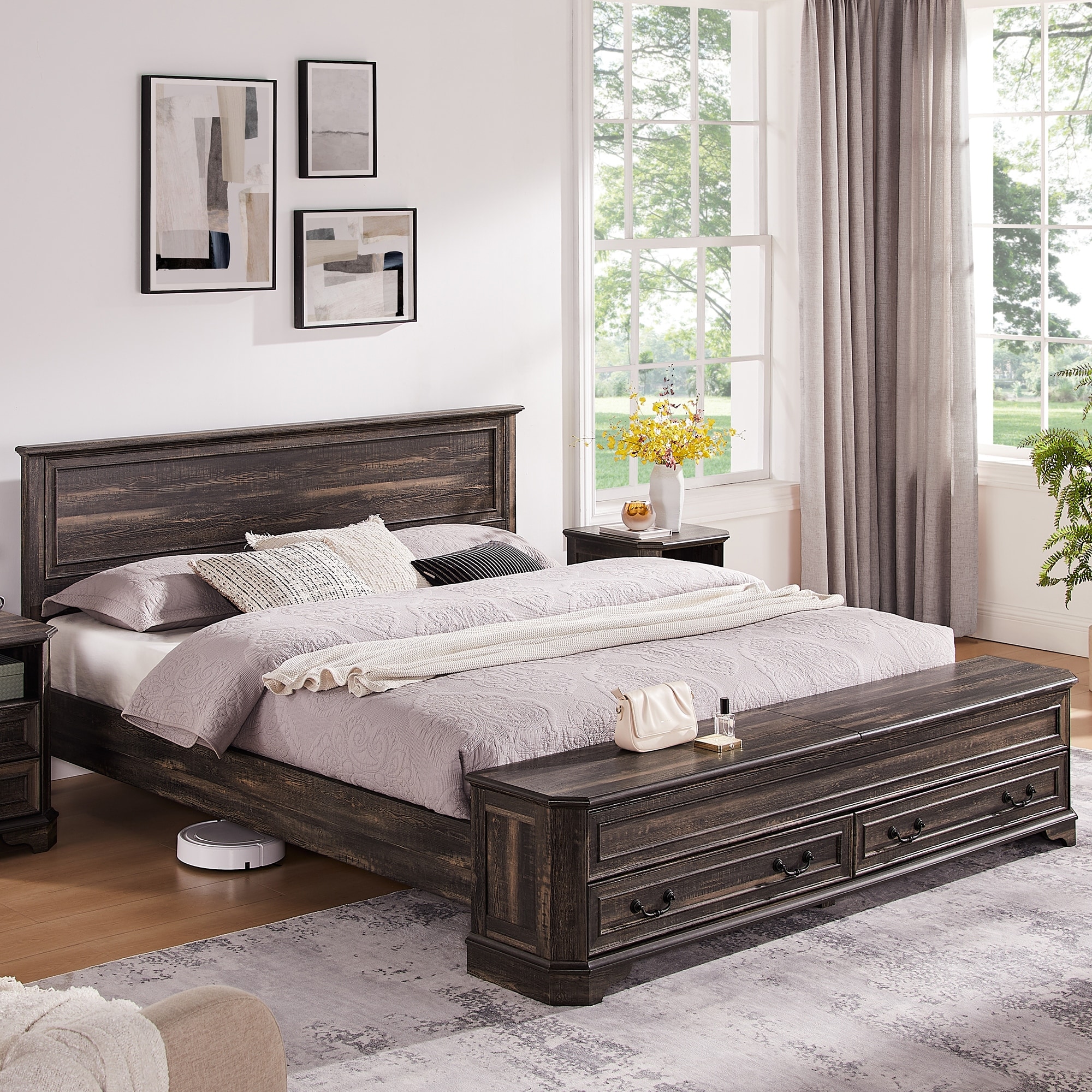 Modern Wood Bed Frame with Headboard & Storage Bench, Platform Bed