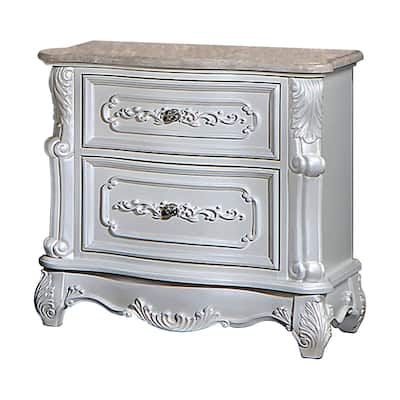 Nero 30 Inch Nightstand, 2 Drawers, Marble Surface, Carved Details, White