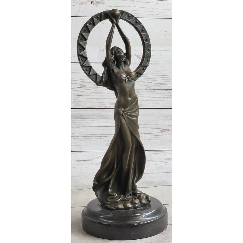 Gaia Girl Holding Moon In Front Of Sun Bronze Statue Sculpture Figure 12 Inches X 4 Inches
