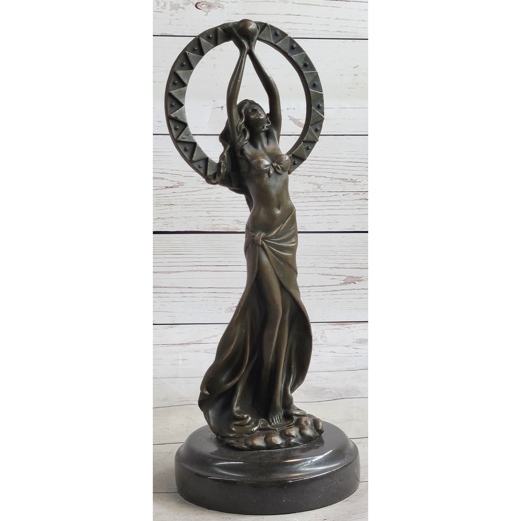 Gaia Girl Holding Moon In Front Of Sun Bronze Statue Sculpture Figure 12 Inches X 4 Inches